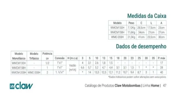 Motobomba Centrifuga Claw WMCM-200H BIVOLT 2CV (ATÉ 35 METROS) - Image 3
