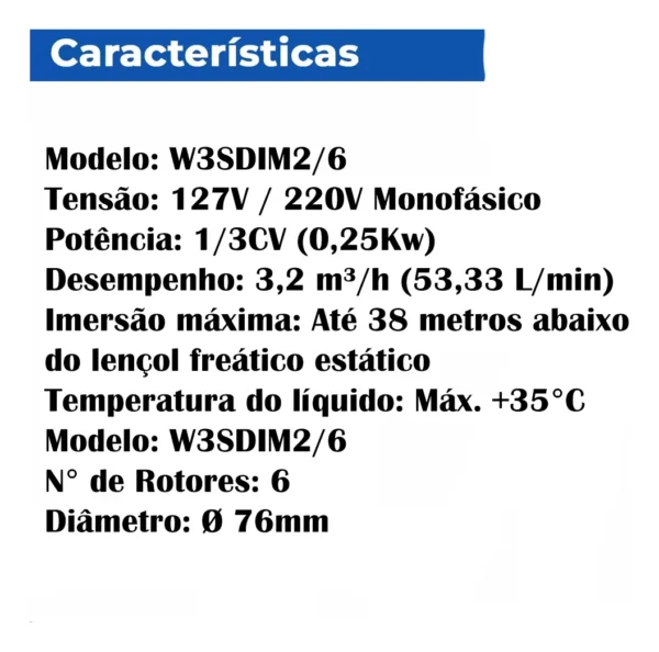 Motobomba Submersa Caneta Palito Monofasica 1/3cv Poço Artesiano W3sdim2/6 Claw - Image 5